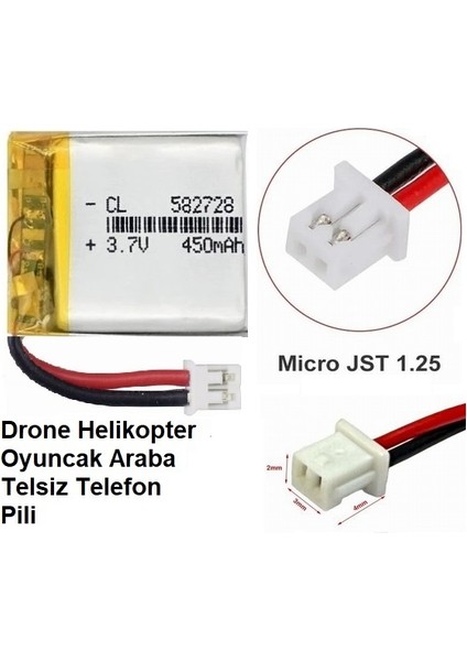 Jst Micro 1.25MM 450 Mah 3.7V Drone Helikopter Oyuncak Araba Telsiz Telefon Pili