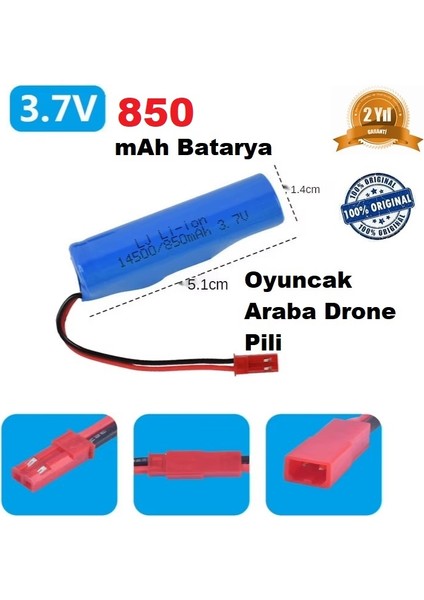 850 Mah Li-On 3.7V Kırmızı Soket Drone Pili Oyuncak Araba Pili 14500