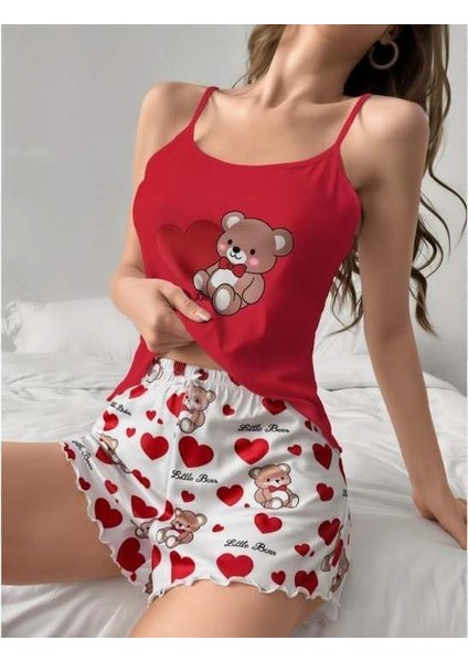 Kalpli Ayıcık Desenli Askılı Şortlu Pijama Takımı