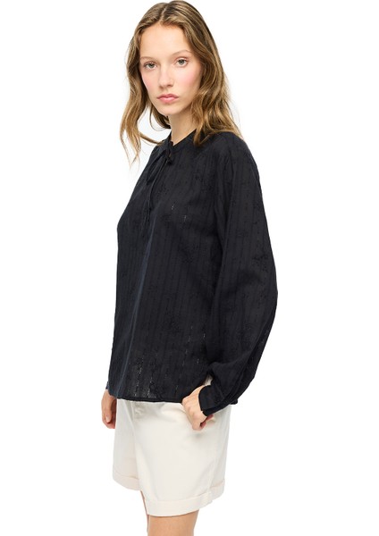 Siyah Ametrin Rahat Kalıp Bağlamalı Yaka Bluz