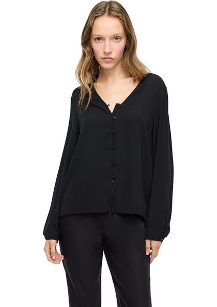 Siyah Ametist Rahat Kalıp V-Yaka Bluz