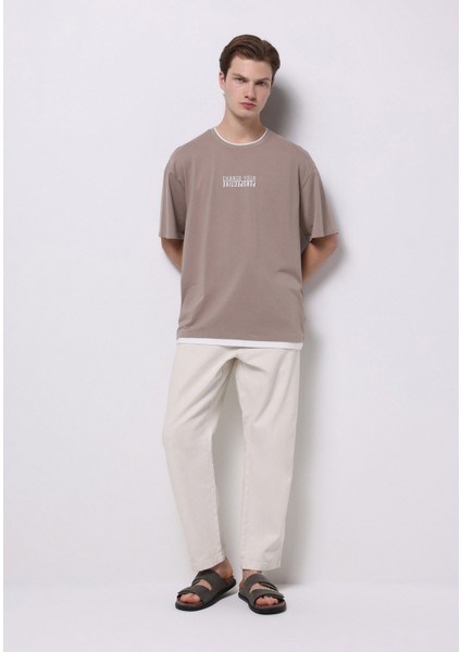 Oversize Fit Yuvarlak Yaka Düz Erkek Bej Kısa Kol Tişört modelleri