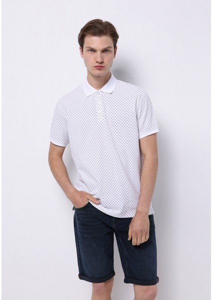Regular Fit Polo Yaka Baskılı Erkek Beyaz Kısa Kol Tişört