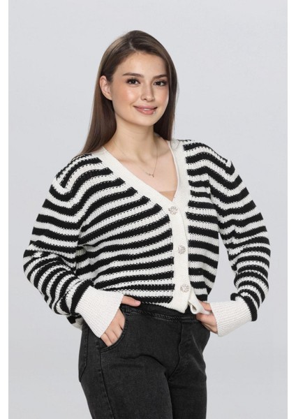 Kadın Düğme Detaylı Çizgili Triko Hırka FLT1004 fiyatları