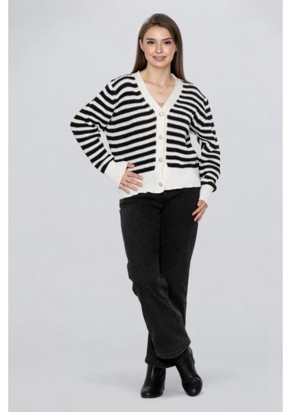 Kadın Düğme Detaylı Çizgili Triko Hırka FLT1004 modelleri