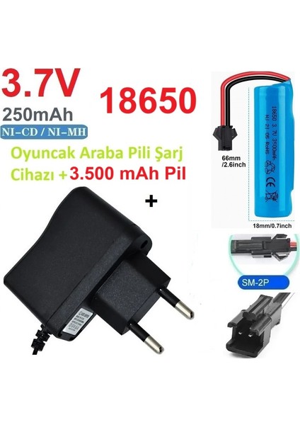 Oyuncak Araba Pili Şarj Cihazı + 3500 Mah 3.7V 18650 Li-Ion Pil