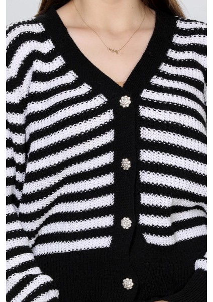 Kadın Düğme Detaylı Çizgili Triko Hırka FLT1004 modelleri