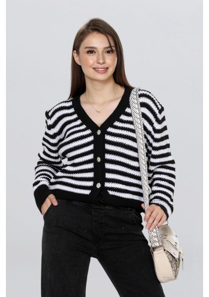 Kadın Düğme Detaylı Çizgili Triko Hırka FLT1004 fırsatları