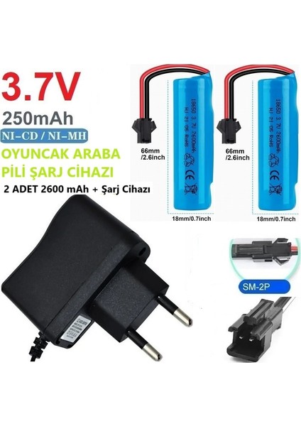 Oyuncak Araba Pili Şarj Cihazı + 2 Adet 2600 Mah 3.7V 18650 Li-Ion Pil