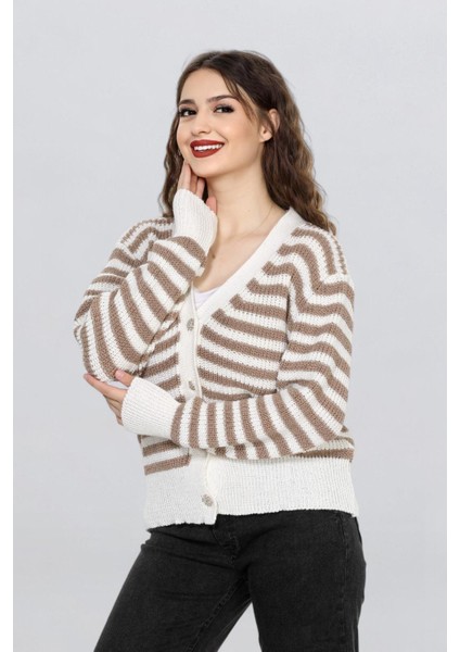 Kadın Düğme Detaylı Çizgili Triko Hırka FLT1004 fiyatları