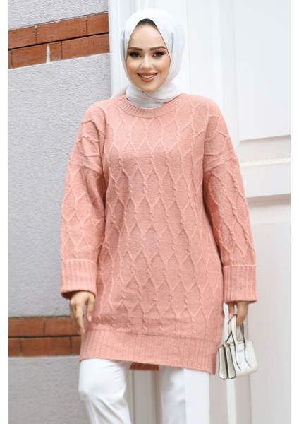 Baklava Desenli Somon Tesettür Triko Tunik Kazak 10241SMN