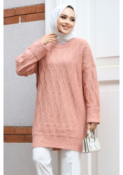 Baklava Desenli Somon Tesettür Triko Tunik Kazak 10241SMN