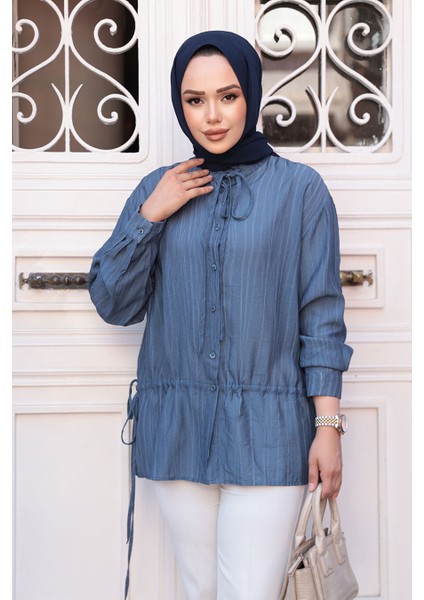Düğmeli Indigo Mavisi Tesettür Gömlek 32358IM