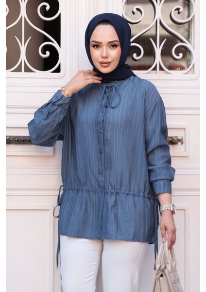 Düğmeli Indigo Mavisi Tesettür Gömlek 32358IM modelleri