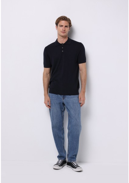 Regular Fit Polo Yaka Jakarlı Erkek Lacivert Kısa Kol Kazak modelleri