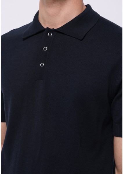 Regular Fit Polo Yaka Jakarlı Erkek Lacivert Kısa Kol Kazak fırsatları