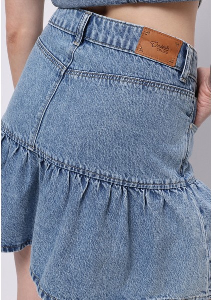 Slim Fit Düz Fermuarlı Kadın Mavi Etek