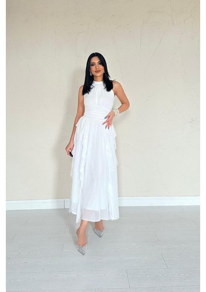 Beyaz Önü Büzgülü Fırfırlı Elbise modelleri
