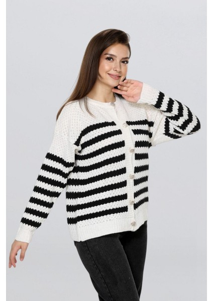 Kadın Taş Düğmeli Çizgili Hırka FLT1013 modelleri