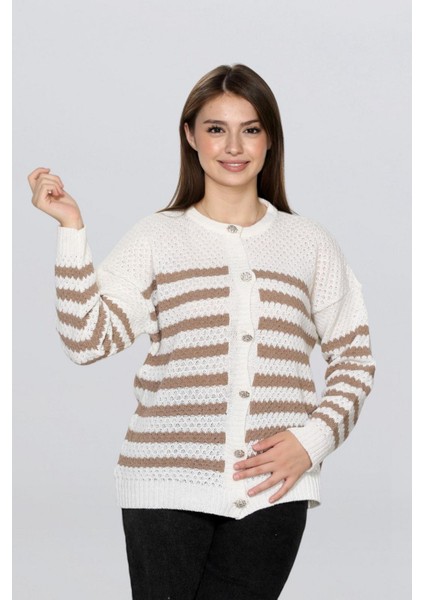 Kadın Taş Düğmeli Çizgili Hırka FLT1013