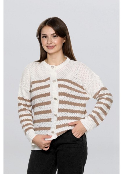 Kadın Taş Düğmeli Çizgili Hırka FLT1013 modelleri