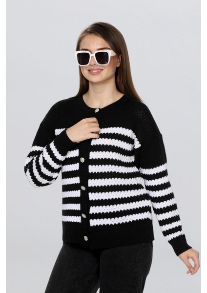 Kadın Taş Düğmeli Çizgili Hırka FLT1013