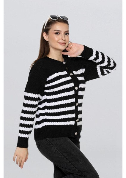 Kadın Taş Düğmeli Çizgili Hırka FLT1013 modelleri