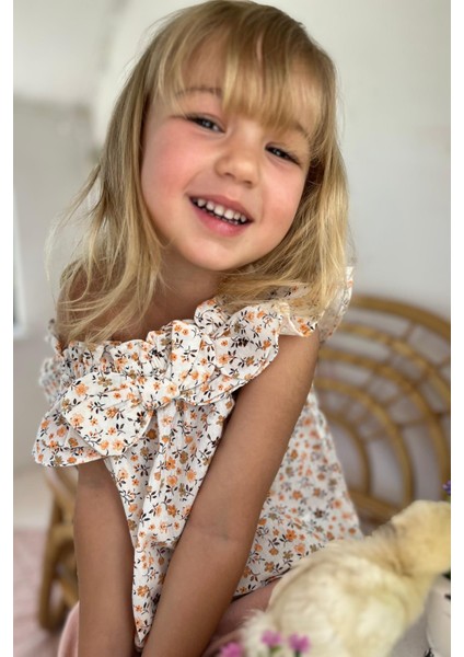 Çiçekli Dokuma Kız Çocuk Bluz Bej