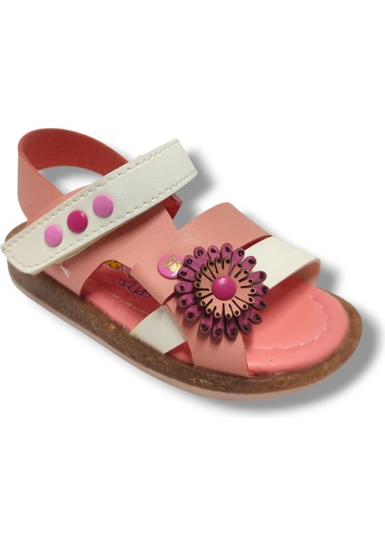 Şirinbebe 1694-20 Yan Çiçekli Tek Cırtlı Kız Çocuk Sandalet Pembe Beyaz 21-25
