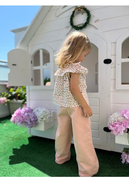 Çiçekli Dokuma Kız Çocuk Bluz Bej