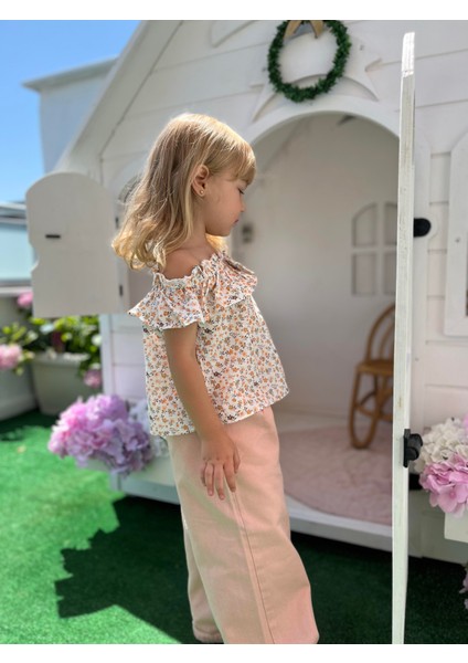 Çiçekli Dokuma Kız Çocuk Bluz Bej