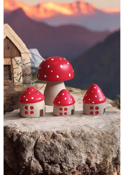 4'lü Mantar Ev Seti, Kırmızı Beyaz Mini Mantar Biblo