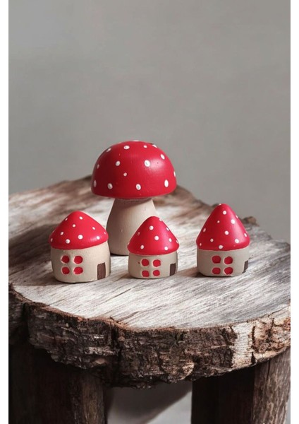 4'lü Mantar Ev Seti, Kırmızı Beyaz Mini Mantar Biblo fiyatları