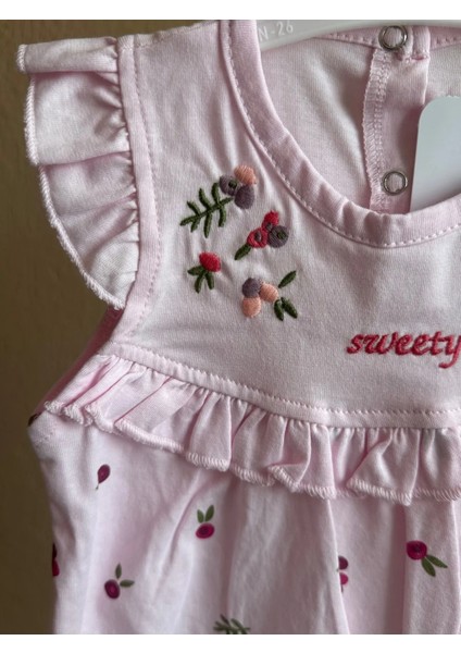 Sweeety Bebek Tulum | Çiçek Nakışlı | 3-6 Ay, 6-9 Ay, 9-12 Ay | Kız Bebek Yazlık Tulum Pembe