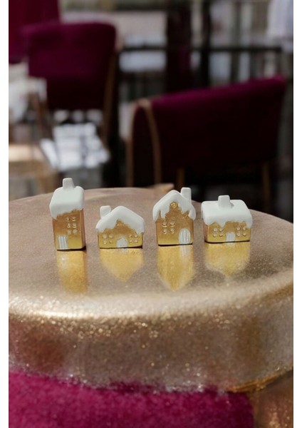 4'lü Gold Beyaz Minik Karlı Evler, Dekoratif Biblo