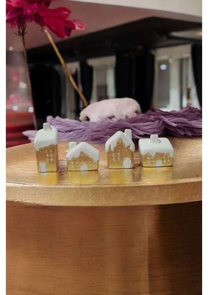 4'lü Gold Beyaz Minik Karlı Evler, Dekoratif Biblo modelleri