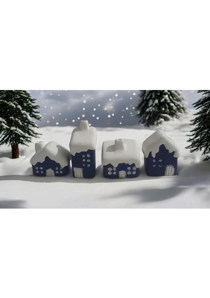 4'lü Lacivert Mavi Minik Evler Biblo, Dekoratif Sevgililer Günü Biblo