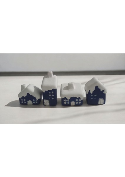 4'lü Lacivert Mavi Minik Evler Biblo, Dekoratif Sevgililer Günü Biblo modelleri