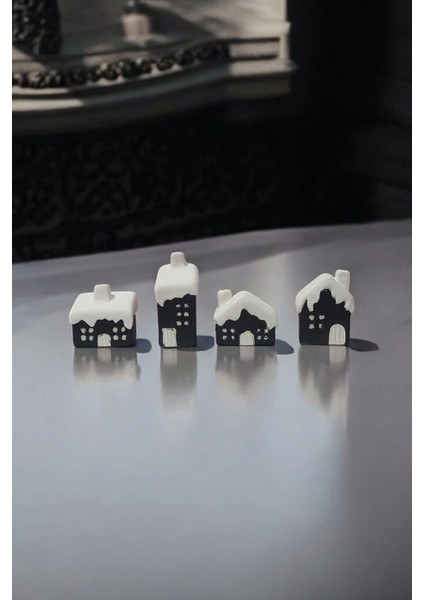 4'lü Siyah Beyaz Minik Karlı Evler, Dekoratif Sevgililer Günü Biblo fiyatları