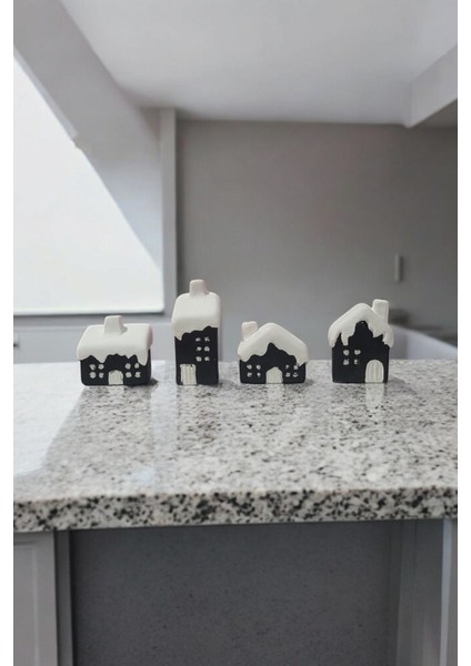 4'lü Siyah Beyaz Minik Karlı Evler, Dekoratif Sevgililer Günü Biblo modelleri