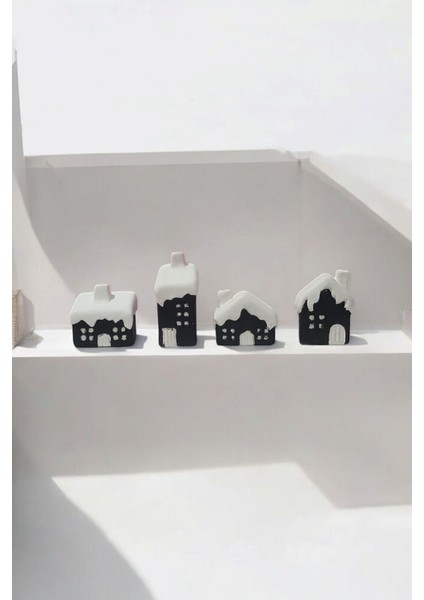 4'lü Siyah Beyaz Minik Karlı Evler, Dekoratif Sevgililer Günü Biblo fırsatları
