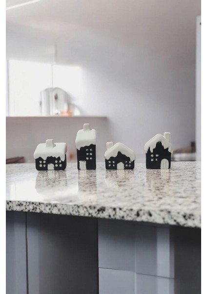 4'lü Siyah Beyaz Minik Karlı Evler, Dekoratif Sevgililer Günü Biblo indirimleri