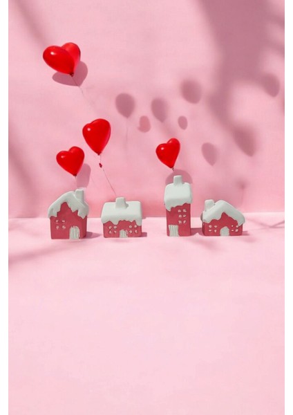 4'lü Minik Pembe Karlı Evler, Sevgililer Günü Biblo Dekoratif Hediyelik