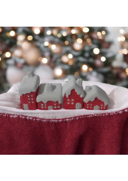 Minimal (Hediyeli) 4'lü Küçük Yılbaşı Kırmızı Karlı Ev Biblo Noel Temalı