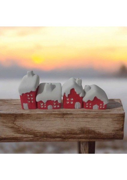 Minimal (Hediyeli) 4'lü Küçük Yılbaşı Kırmızı Karlı Ev Biblo Noel Temalı fiyatları