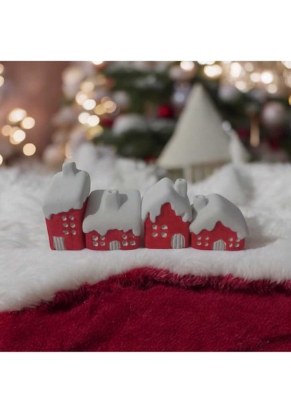 Minimal (Hediyeli) 4'lü Küçük Yılbaşı Kırmızı Karlı Ev Biblo Noel Temalı modelleri