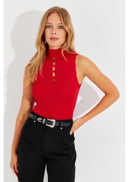 Kadın Kırmızı Önü Damla Kolsuz Triko Bluz YV112