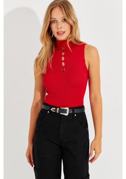 Kadın Kırmızı Önü Damla Kolsuz Triko Bluz YV112 fiyatları