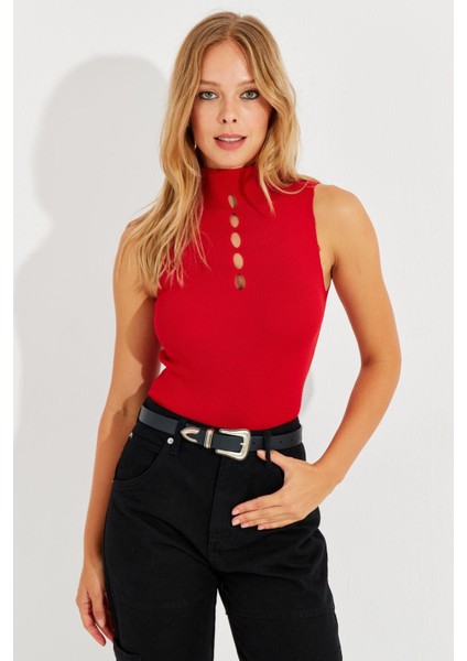 Kadın Kırmızı Önü Damla Kolsuz Triko Bluz YV112 modelleri