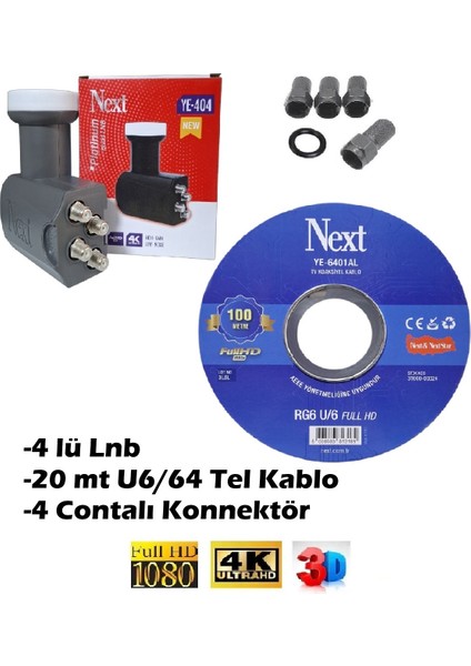 20 Metre Anten Kablosu Full Hd 3D 4K + 4 Lü Lnb Ye- 404 + 4 Contalı Konnektör